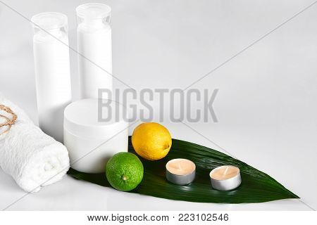 White cosmetic products and green leaf on white background. Natural beauty products for branding mock-up concept. Still life. Copy space