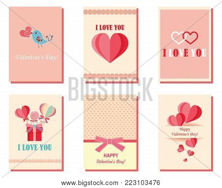 A set of greeting cards for Valentine's Day with hearts. Pink, white, turquoise. Gift templates. Painted hearts. Design for valentine and wedding and other holidays. Vector illustration.