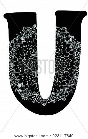handlettered alphabetical initial with lace mandala design