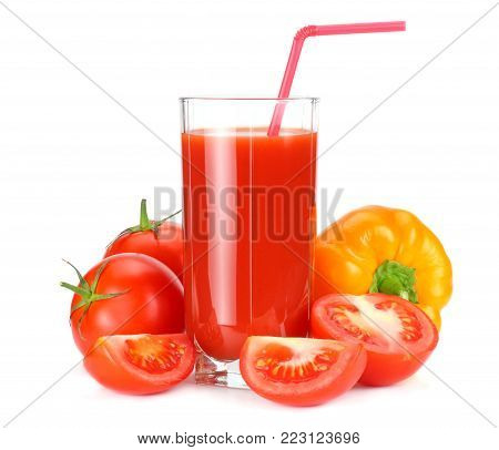 Tomato Juice Isolated On White Background. Juice In Glass