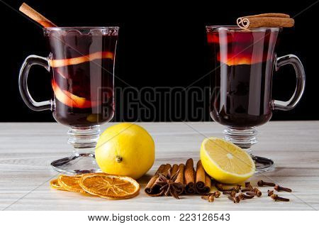 Mulled wine glintwine served in glasses for christmas table
