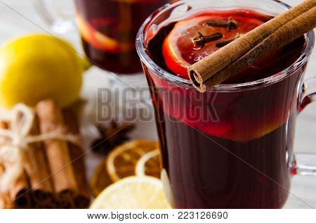 Mulled wine glintwine served in glasses for christmas table