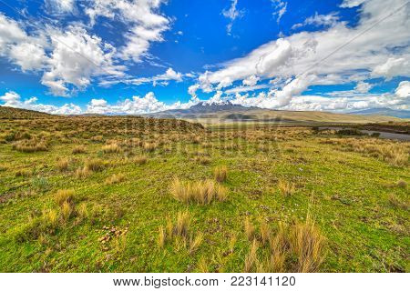 The Ruminahui volcano in the background and the fields of the highlands of the Cotopaxi National Park