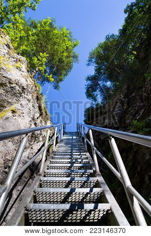 Ladder Stairs On Alpine Trail Through Hell Gorge, Schladming, Austria