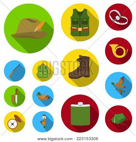 Hunting and trophy flat icons in set collection for design. Hunting and equipment vector symbol stock  illustration.