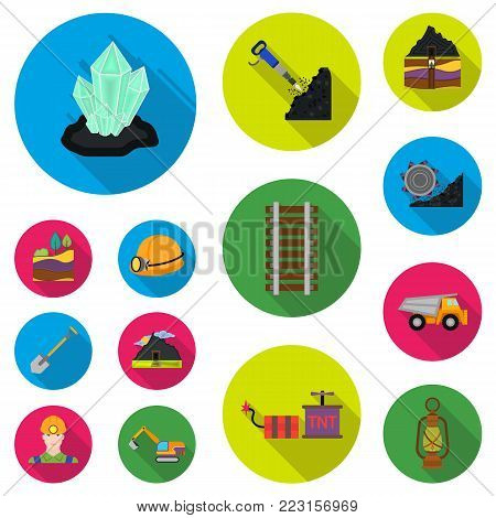 Mining industry flat icons in set collection for design. Equipment and tools vector symbol stock  illustration.