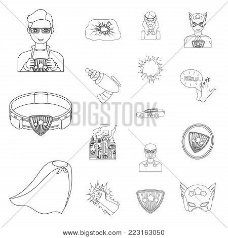 A fantastic superhero outline icons in set collection for design. Superhero's equipment vector symbol stock  illustration.