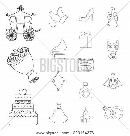 Wedding and Attributes outline icons in set collection for design.Newlyweds and Accessories vector symbol stock  illustration.