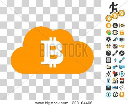 Bitcoin Cloud pictograph with bonus bitcoin mining and blockchain clip art. Vector illustration style is flat iconic symbols. Designed for blockchain ui toolbars.