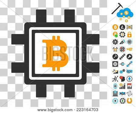 Bitcoin Mining Pool pictograph with bonus bitcoin mining and blockchain icons. Vector illustration style is flat iconic symbols. Designed for blockchain software.