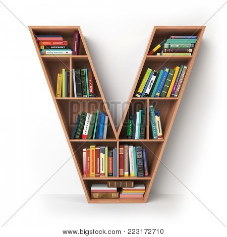 Letter V. Alphabet in the form of shelves with books isolated on white. 3d illustration