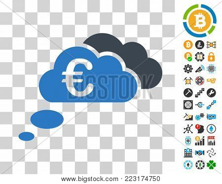Euro Dream Clouds icon with bonus bitcoin mining and blockchain graphic icons. Vector illustration style is flat iconic symbols. Designed for bitcoin websites.