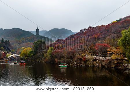 Hong Ye Gu, or Red leaf valley in Autumn, located near Jinan, is one of the 10 new famous tourist attractions of Shandong province, China