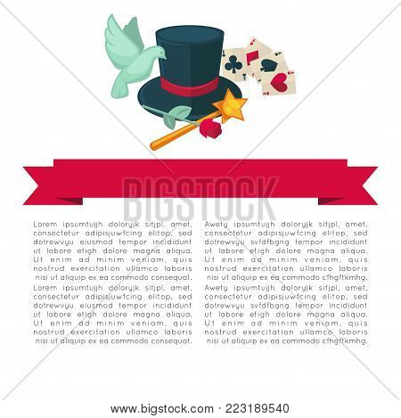 Magic show poster design of magician trick equipment of magic hat and wand, cards and dove or flower. Vector flat magic performance accessories of illusionist