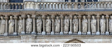 A fragment of the gallery of Old Testament kings on the façade of Notre Dame Cathedral.