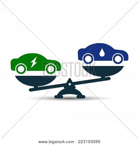 Illustration of comparison between electric eco car and gasoline car. Electric car and fuel car on scales. Demonstration of the advantage or benefit. Fuel gas car versus electric car, vector concept.