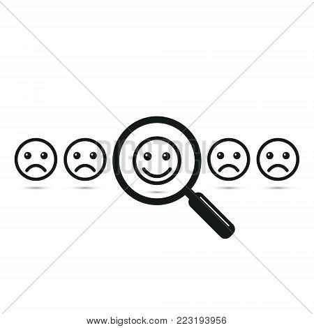 Find positive people concept. Magnifying glass with positive and negative emoticon or smiley. Search positive emoticon among negative emoticons. Vector color illustration.
