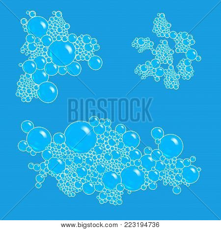 Realistic Detailed 3d Soap Foam Set on a Blue Background Decorative Element. Vector illustration of Sudsy Bubble Water