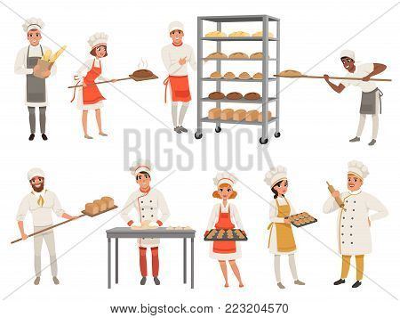 Smiling bakers characters at work set with bread and cooking tools. Happy people in aprons and hats, young men and women in uniform working in bakery shop. Vector illustrations isolated on white.
