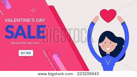 Valentines day sale design with enjoy girl holds a heart. Trendy promo sale banner template