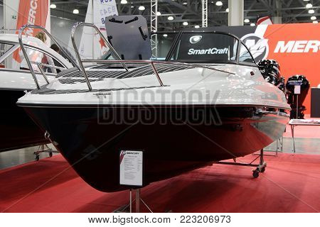 MOSCOW - MARCH 09, 2017: Yacht Mercury Phoenix 560 for 10 International boat show in Moscow. Russia.