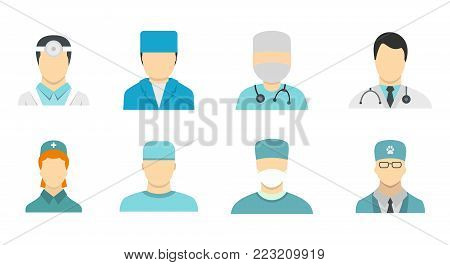 Doctor avatar icon set. Flat set of doctor avatar vector icons for web design isolated on white background