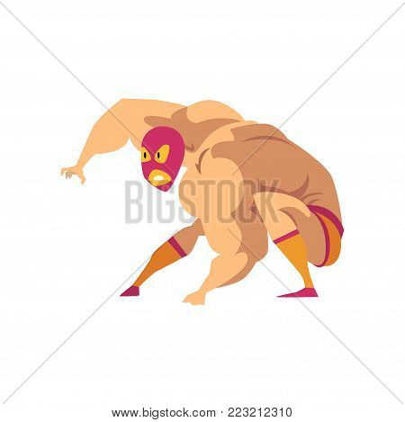 Strong wrestler in landing powerful action. Mixed martial artist. Cartoon fighter character in red-orange mask, shorts and socks. Combat sport. Flat vector illustration isolated on white background.
