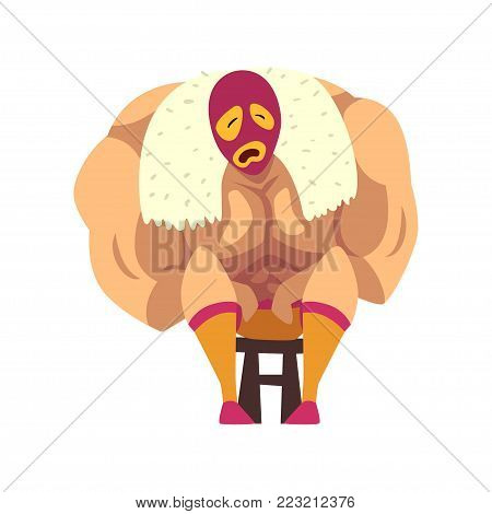 Crying wrestler sitting on small chair. Strong muscular man in red-orange mask, shorts and socks. Cartoon fighter character. Mixed martial artist. Combat sport. Flat vector design isolated on white.