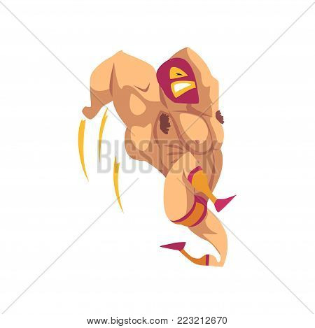 Wrestler in high flying action. Cartoon character of professional muscularity fighter. Mixed martial artist. Strong man in red-orange mask and shorts. Combat sport. Isolated flat vector illustration.