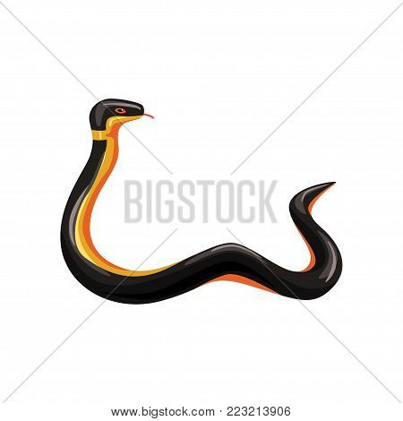 Cartoon tropical snake with tongue out. Harmless serpent with black and yellow scales. Exotic animal. Wildlife concept. Cartoon vector illustration in flat style isolated on white background.