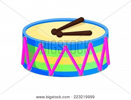 Drum toy with sticks, Santa Claus factory, icon of musical instrument developing skills of children, vector illustration isolated on white background