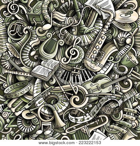 Cartoon cute doodles Classical music seamless pattern. Monochrome detailed, with lots of objects background. All elements separate. Backdrop with musical instruments objects