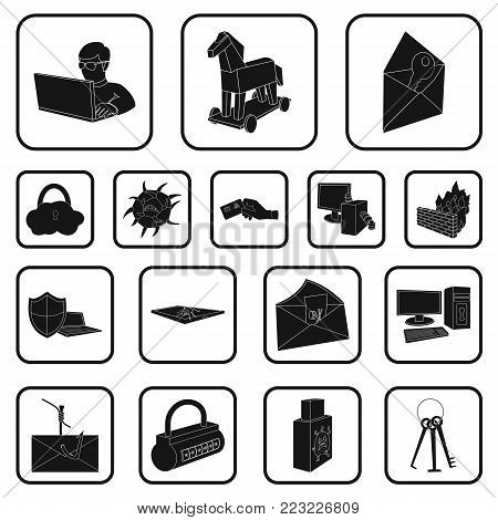 Hacker and hacking black icons in set collection for design. Hacker and equipment vector symbol stock  illustration.