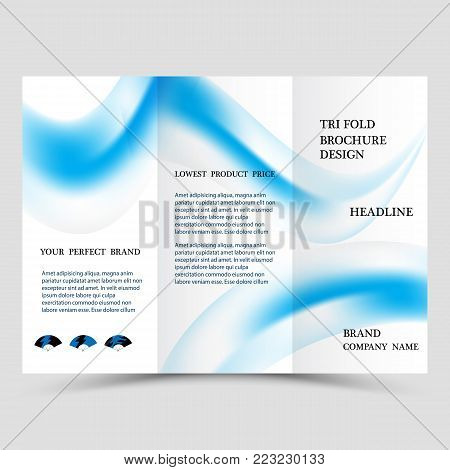Business tri fold brochure design. Blue corporate business template for tri fold flyer. Layout with modern shaped photo and abstract background. Creative concept folded flyer or brochure.