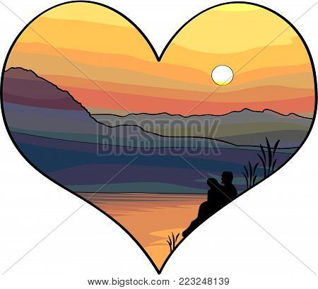 Vector Illustration - Concept of Love, Couple in love looking to the sunset over the mountains and sea, picture in hearth shape