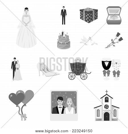 Wedding and Attributes monochrome icons in set collection for design. Newlyweds and Accessories vector symbol stock  illustration.