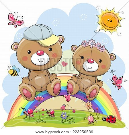 Two Cute Cartoon Teddy Bears are sitting on the rainbow