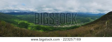 Beautiful Landscape of Caucasus mountain at sunny Day.View from above on mountain valley covered. Landscape panorama. Lagonaki, Caucasus, Russia.