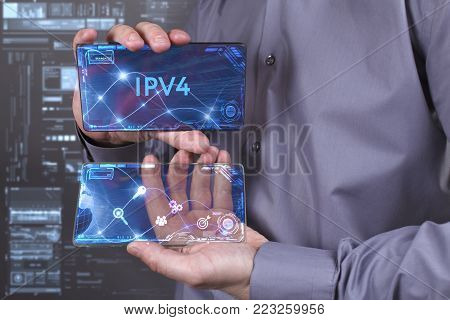 Business, Technology, Internet And Network Concept. Young Businessman Working On A Virtual Screen Of