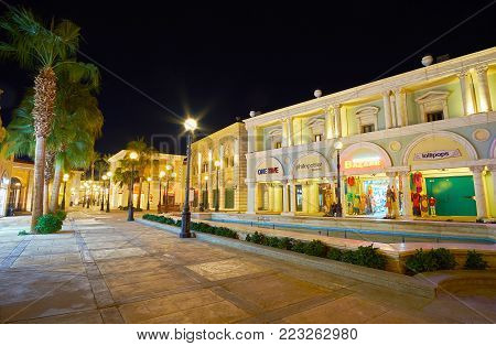 SHARM EL SHEIKH, EGYPT- DECEMBER 15, 2017: Il Mercato shopping street is the best place for shopping in Hadaba district, the large amount of boutiques and tourist stores are located in European style buildings, on December 15 in Sharm El Sheikh.