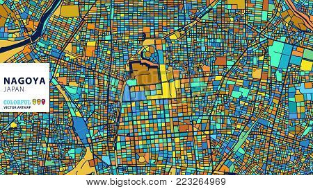 Nagoya, Japan, Colorful Vector Artmap. Blue-Orange-Yellow Version for Website Infographic, Wall Art and Greeting Card Backgrounds.