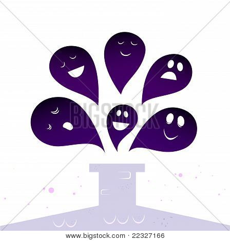 Halloween Ghost Kreaturen fliegen rund um Schornstein, Isolated On White.