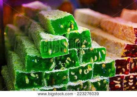 Rahat Lokum in assortment at the turkish delight store in Kemer, Antalya, Turkey.