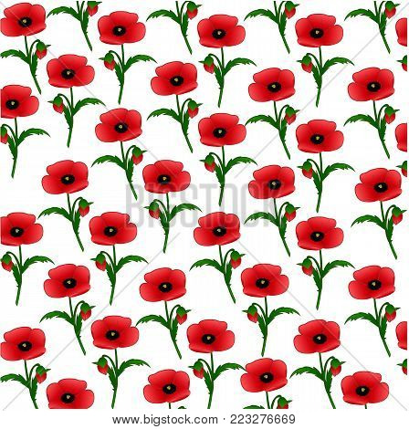 Spring flower field seamless pattern background. Red flowers of blooming wild poppy with green stem, leaf and floral bud. Floral pattern for wallpaper, textile accessory and interior design