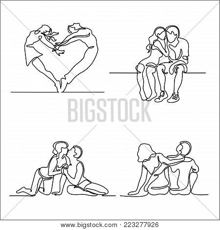 Set continuous young couple in love sitting. Continuous line drawing. Vector illustration.