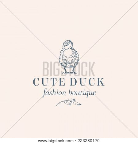 Cute Duck Abstract Vector Sign, Symbol or Logo Template. Elegant Hand Drawn Little Duck Sillhouette with Retro Typography. Vintage Luxury Feminine Vector Emblem. Isolated.