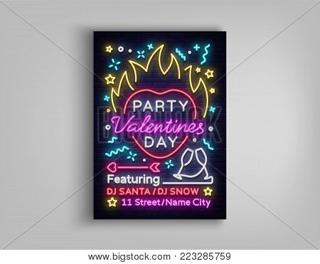 Valentines Day invitation to a party postcard. Neon sign, Design Template, Vivid Anniversary Celebration advertisement, Night Bright Nightclub Banner, Neon Style Flyer. Vector illustration.