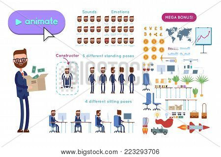 Big set for animating business advertising. Bearded businessman in a suit holds a box of money