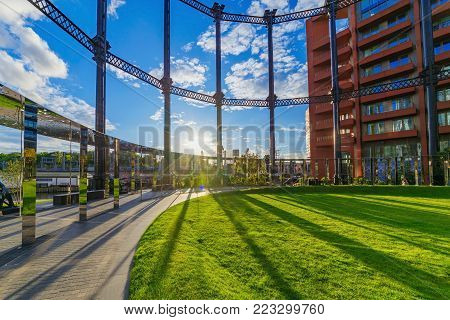 LONDON, UNITED KINGDOM - SEPTEMBER 23: This is the Gasholders park, a new park with contemporary architecture on September 23, 2017 in London