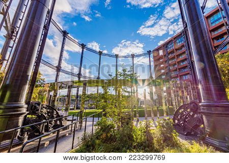 LONDON, UNITED KINGDOM - SEPTEMBER 23: This is the architecture of the Gasholders park which is a new park in Kings Cross on September 23, 2017 in London